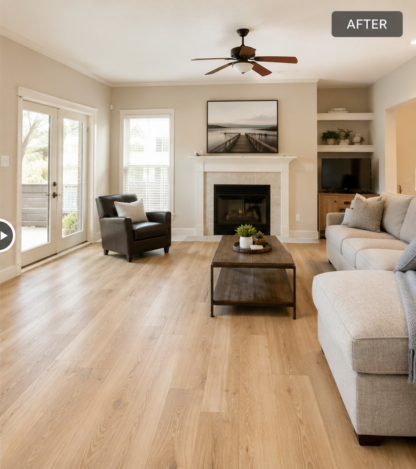After flooring renovation with new light oak flooring