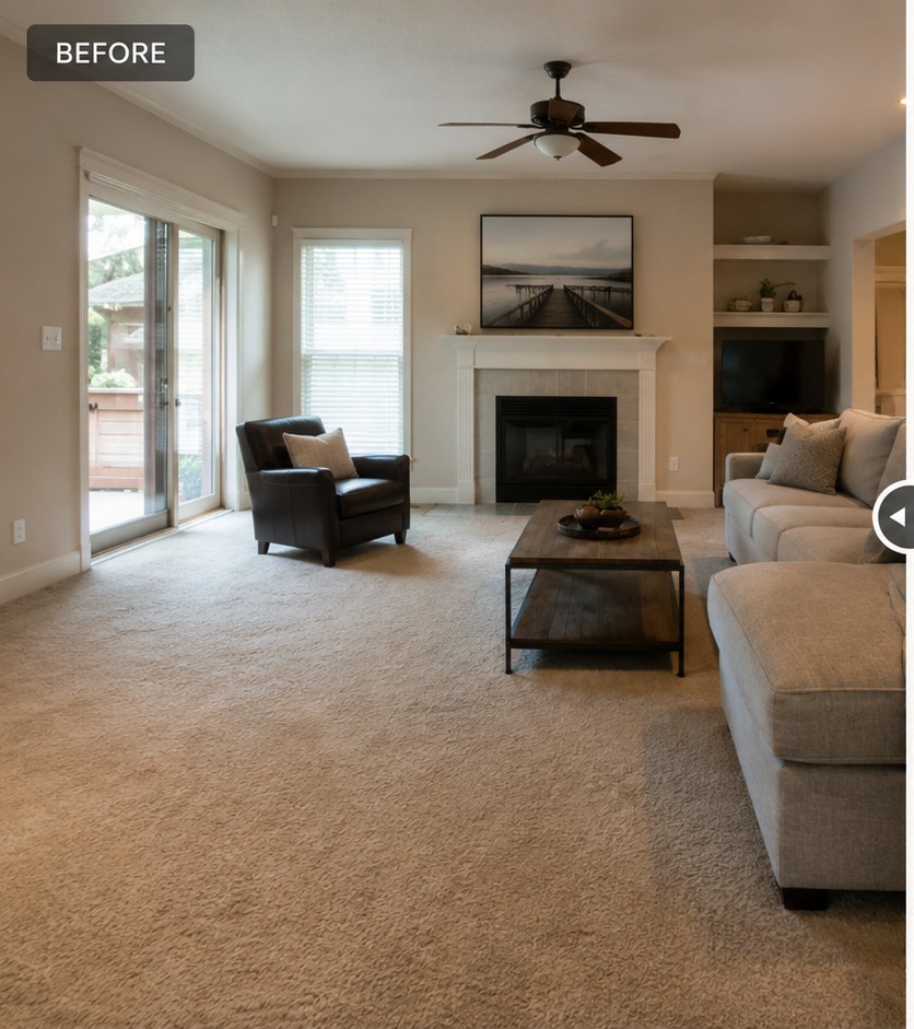Before flooring renovation with old carpet